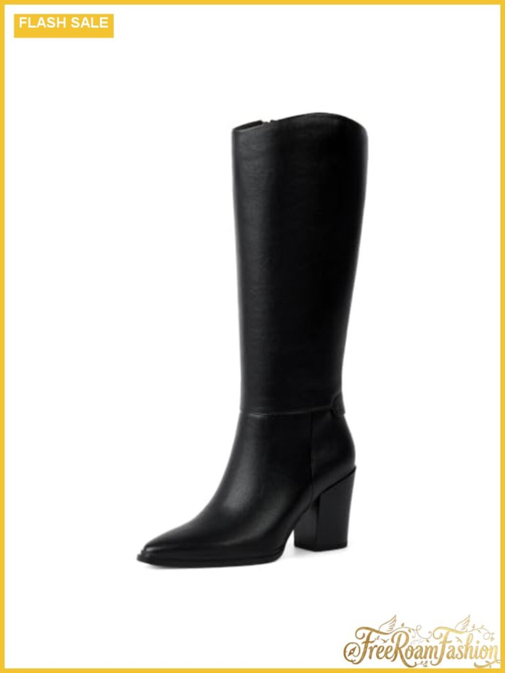 Faux Leather Knee High Boots Pointed Toe Chunky Heel Tall Boots